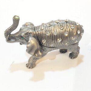 Pewter Tone Clear Rhinestone Miniature Hinged Elephant Trinket Box Magnetic